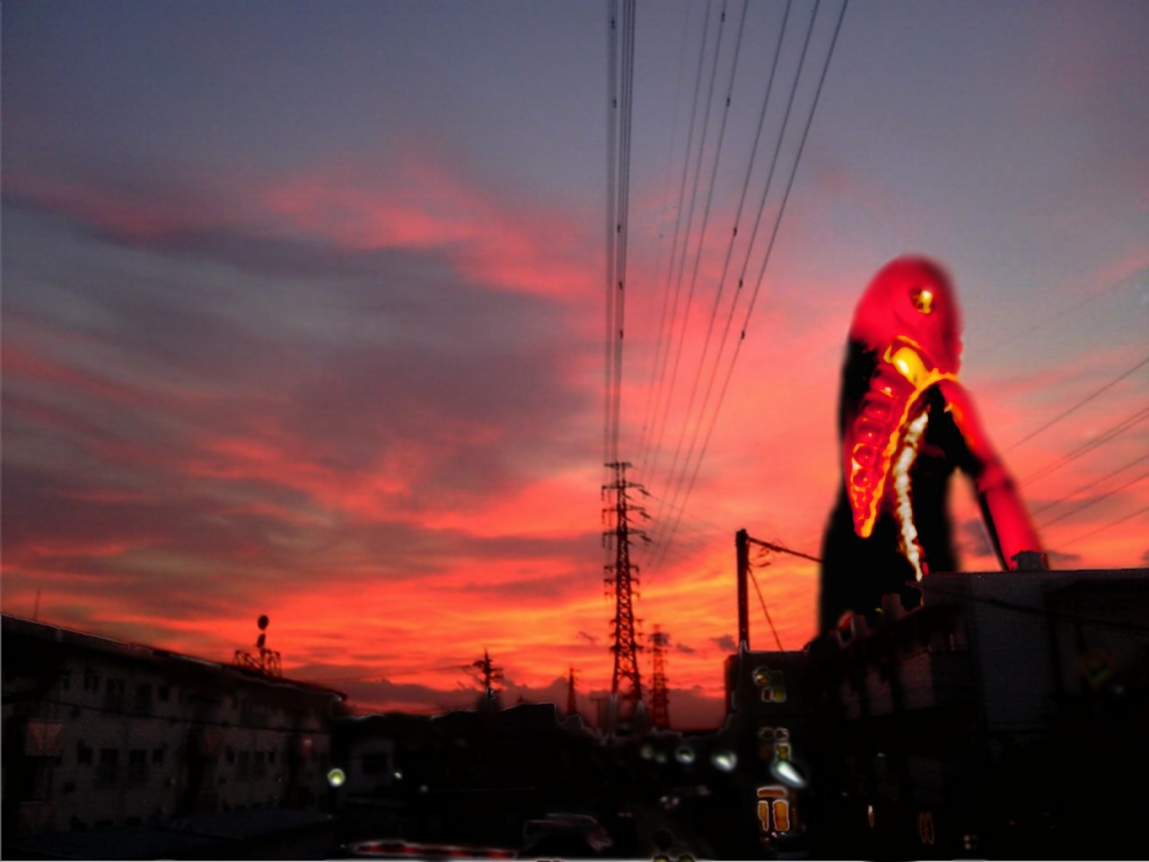 グゥレイトタクヨの漢塾２ 合成作品 夕陽に立つメトロン星人 壁紙